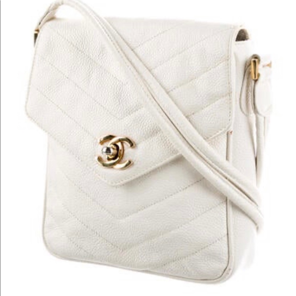 Chanel caviar quilted chevron white crossbody flap bag gold hardware